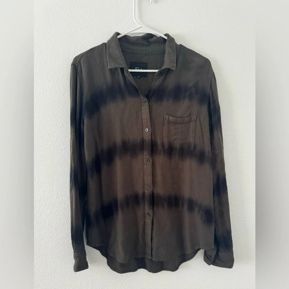 Rails Hunter Tie Dye Herringbone Button Up Shirt Olive Green Black Waves Medium - Picture 2 of 10